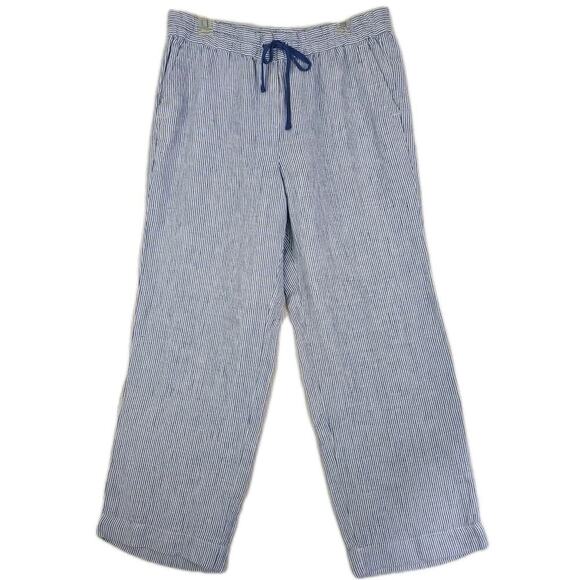 Talbots~Woman L Petite~Blue/White Linen Wide Leg Pants Pull On Coastal Beach NWT - Picture 9 of 16